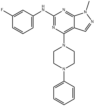 N-(3-fluorophenyl)-1-methyl-4-(4-phenylpiperazin-1-yl)-1H-pyrazolo[3,4-d]pyrimidin-6-amine,1144428-68-1,结构式
