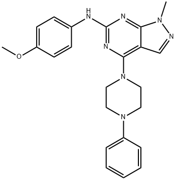 N-(4-methoxyphenyl)-1-methyl-4-(4-phenylpiperazin-1-yl)-1H-pyrazolo[3,4-d]pyrimidin-6-amine 化学構造式