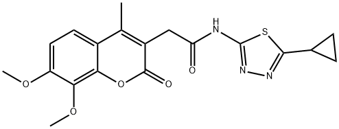 N-[(2E)-5-cyclopropyl-1,3,4-thiadiazol-2(3H)-ylidene]-2-(7,8-dimethoxy-4-methyl-2-oxo-2H-chromen-3-yl)acetamide Struktur