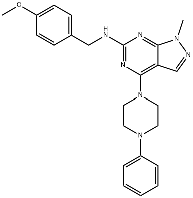 N-(4-methoxybenzyl)-1-methyl-4-(4-phenylpiperazin-1-yl)-1H-pyrazolo[3,4-d]pyrimidin-6-amine 化学構造式
