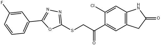 6-chloro-5-({[5-(3-fluorophenyl)-1,3,4-oxadiazol-2-yl]sulfanyl}acetyl)-1,3-dihydro-2H-indol-2-one Struktur
