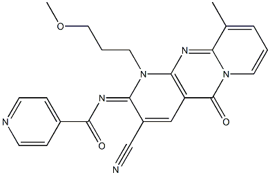N-[(2E)-3-cyano-1-(3-methoxypropyl)-10-methyl-5-oxo-1,5-dihydro-2H-dipyrido[1,2-a:2',3'-d]pyrimidin-2-ylidene]pyridine-4-carboxamide Struktur