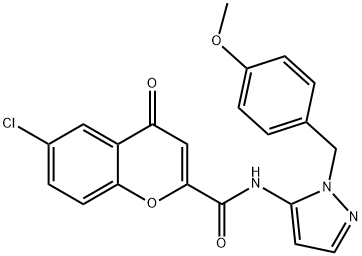 6-chloro-N-[1-(4-methoxybenzyl)-1H-pyrazol-5-yl]-4-oxo-4H-chromene-2-carboxamide 结构式