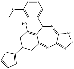 9-(3-methoxyphenyl)-6-(thiophen-2-yl)-6,7,9,10-tetrahydro-5H-benzo[e][1,2,5]oxadiazolo[3,4-b][1,4]diazepin-8-ol Struktur