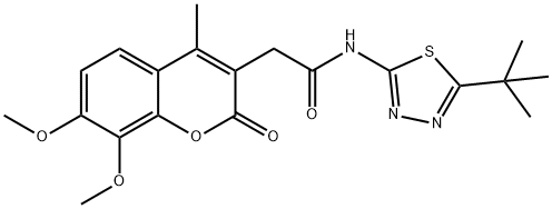 N-[(2E)-5-tert-butyl-1,3,4-thiadiazol-2(3H)-ylidene]-2-(7,8-dimethoxy-4-methyl-2-oxo-2H-chromen-3-yl)acetamide Struktur