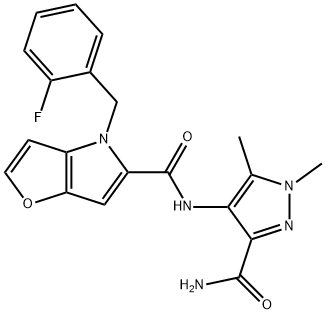 N-(3-carbamoyl-1,5-dimethyl-1H-pyrazol-4-yl)-4-(2-fluorobenzyl)-4H-furo[3,2-b]pyrrole-5-carboxamide 结构式