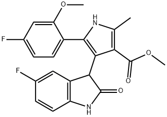 methyl 5-(4-fluoro-2-methoxyphenyl)-4-(5-fluoro-2-oxo-2,3-dihydro-1H-indol-3-yl)-2-methyl-1H-pyrrole-3-carboxylate Struktur