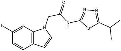 2-(6-fluoro-1H-indol-1-yl)-N-[(2E)-5-(propan-2-yl)-1,3,4-thiadiazol-2(3H)-ylidene]acetamide 化学構造式