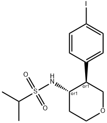 TRANS-N-(3-(4-ヨードフェニル)テトラヒドロ-2H-ピラン-4-イル)プロパン-2-スルホンアミド 化学構造式
