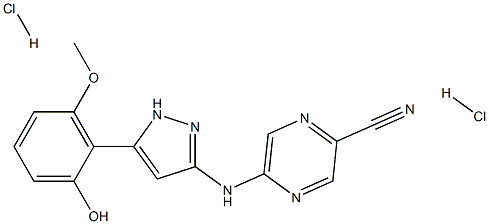 2-Pyrazinecarbonitrile, 5-[[5-(2-hydroxy-6-methoxyphenyl)-1H-pyrazol-3-yl]amino]-, dihydrochloride Struktur