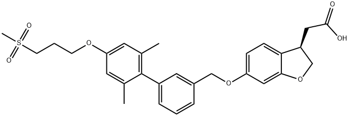 3-Benzofuranacetic acid, 6-[[2',6'-dimethyl-4'-[3-(methylsulfonyl)propoxy][1,1'-biphenyl]-3-yl]methoxy]-2,3-dihydro-, (3R)- Struktur