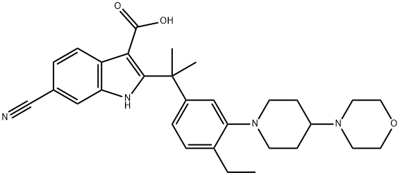 6-cyano-2-(2-(4-ethyl-3-(4-morpholinopiperidin-1-yl)phenyl)propan-2-yl)-1H-indole-3-carboxylic acid Struktur
