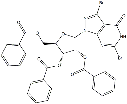 3,6-Dibromo-1,5-dihydro-1-(2,3,5-tri-O-benzoyl--D-ribofuranosyl)-4H-pyrazolo[3,4-d]pyrimidin-4-one, 127820-68-2, 结构式