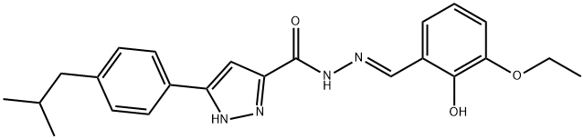 N'-[(E)-(3-ethoxy-2-hydroxyphenyl)methylidene]-3-[4-(2-methylpropyl)phenyl]-1H-pyrazole-5-carbohydrazide 化学構造式