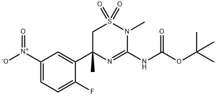 tert-butyl (R)-(5-(2-fluoro-5-nitrophenyl)-2,5-dimethyl-1,1-dioxido-5,6-dihydro-2H-1,2,4-thiadiazin-3-yl)carbamate 化学構造式