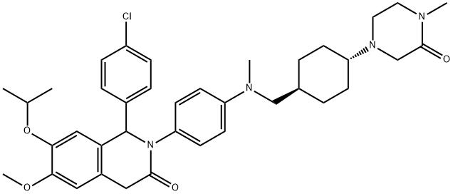 3(2H)-Isoquinolinone, 1-(4-chlorophenyl)-1,4-dihydro-6-methoxy-7-(1-methylethoxy)-2-[4-[methyl[[trans-4-(4-methyl-3-oxo-1-piperazinyl)cyclohexyl]methyl]amino]phenyl]- 化学構造式