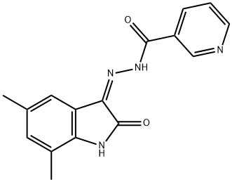 N'-[(3Z)-5,7-dimethyl-2-oxo-1,2-dihydro-3H-indol-3-ylidene]pyridine-3-carbohydrazide Struktur