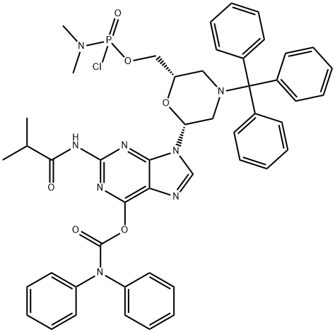 N,N-Diphenylcarbamic acid 9-[(2R,6S)-6-[[[chloro(dimethylamino)phosphinyl]oxy]methyl]-4-(triphenylmethyl)-2-morpholinyl]-2-[(2-methyl-1-oxopropyl)amino]-9H-purin-6-yl ester Struktur