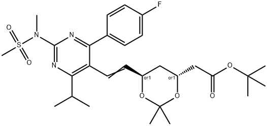 tert-butyl 2-((4R,6R)-6-((E)-2-(4-(4-fluorophenyl)-6-isopropyl-2-(N-methylmethylsulfonamido)pyrimidin-5-yl)vinyl)-2,2-dimethyl-1,3-dioxan-4-yl)acetate 化学構造式
