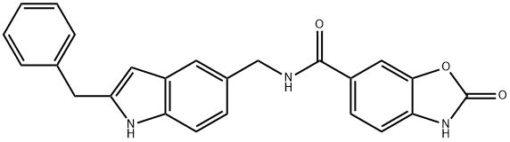 2-氧代-2,3-二氢-苯并噁唑-6-羧酸 (2-苄基-1H-吲哚-5-甲基)-酰胺,1383134-00-6,结构式