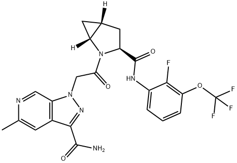 1-(2-((1R,3S,5R)-3-((2-fluoro-3-(trifluoromethoxy)phenyl)carbamoyl)-2-azabicyclo[3.1.0]hexan-2-yl)-2-oxoethyl)-5-methyl-1H-pyrazolo[3,4-c]pyridine-3-carboxamide Struktur