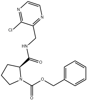 1-Pyrrolidinecarboxylic acid, 2-[[[(3-chloro-2-pyrazinyl)methyl]amino]carbonyl]-, phenylmethyl ester, (2S)- 化学構造式