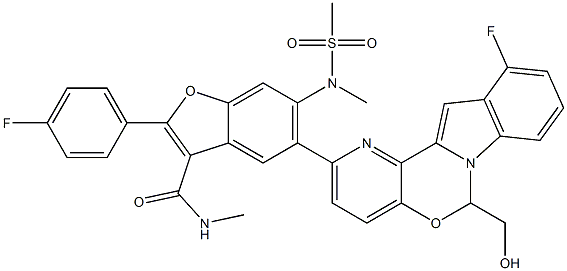 3-Benzofurancarboxamide,5-{11-fluoro-6-(hydroxymethyl)-6H-pyrido{2'3'5'6}{1,3}oxazino{3,4-a}indol-2-yl}-2-(4-fluorophenyl)-N-methyl-6-{methyl(methylsulfonyl)amino},1427035-62-8,结构式