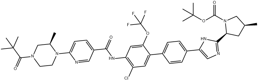 tert-butyl(2S,4S)-2-(4-(5'-chloro-4'-(6-((R)-2-methyl-4-pivaloylpiperazin-1-yl)nicotinamido)-2'-(trifluoromethoxy)-[1,1'-biphenyl]-4-yl)-1H-imidazol-2-yl)-4-methylpyrrolidine-1-carboxylate 结构式