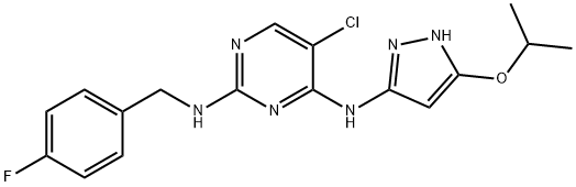5-Chloro-N2-(4-fluorobenzyl)-N4-(5-isopropoxy-1H-pyrazol-3-yl)pyrimidine-2,4-diamine 化学構造式