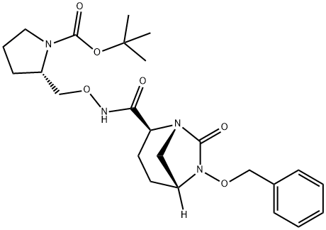 tert-butyl (2S)-2-((((2S,5R)-6-(benzyloxy)-7-oxo-1,6-diazabicyclo[3.2.1]octane-2-carboxamido)oxy)methyl)pyrrolidine-1-carboxylate 化学構造式