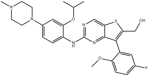 (7-(5-fluoro-2-methoxyphenyl)-2-((2-isopropoxy-4-(4-methylpiperazin-1-yl)phenyl)amino)thieno[3,2-d]pyrimidin-6-yl)methanol,1462949-64-9,结构式