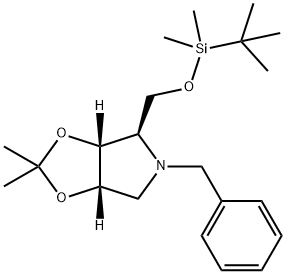 4H-1,3-Dioxolo[4,5-c]pyrrole, 4-[[[(1,1-dimethylethyl)dimethylsilyl]oxy]methyl]tetrahydro-2,2-dimethyl-5-(phenylmethyl)-, (3aR,4R,6aS)- 化学構造式
