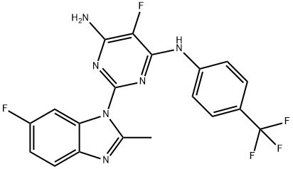 5-フルオロ-2-(6-フルオロ-2-メチル-1,3-ベンゾジアゾール-1-イル)-N4-[4-(トリフルオロメチル)フェニル]ピリミジン-4,6-ジアミン 化学構造式