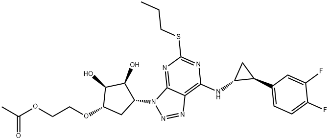 2-(((1S,2S,3S,4R)-4-(7-(((1R,2S)-2-(3,4-difluorophenyl)cyclopropyl)amino)-5-(propylthio)-3H-[1,2,3]triazolo[4,5-d]pyrimidin-3-yl)-2,3-dihydroxycyclopentyl)oxy)ethyl acetate 化学構造式