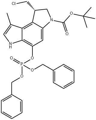 tert-butyl(S)-5-((bis(benzyloxy)phosphoryl)oxy)-1-(chloromethyl)-8-methyl-1,6-dihydropyrrolo[3,2-e]indole-3(2H)-carboxylate Struktur
