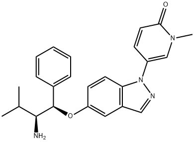 5-(5-((1R,2S)-2-amino-3-methyl-1-phenylbutoxy)-1H-indazol-1-yl)-1-methylpyridin-2(1H)-one 化学構造式