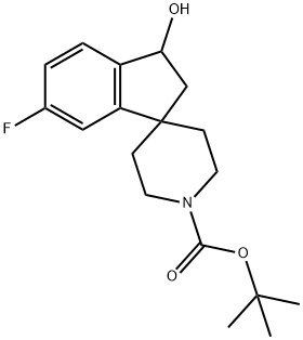 tert-Butyl 3-hydroxy-6-fluoro-2,3-dihydrospiro[indene-1,4'-piperidine]-1'-carboxylate 化学構造式