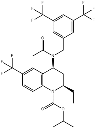 (2R,4S)-4-[Acetyl[[3,5-bis(trifluoromethyl)phenyl]methyl]amino]-2-ethyl-3,4-dihydro-6-(trifluoromethyl)-1(2H)-quinolinecarboxylic acid 1-methylethyl ester Struktur