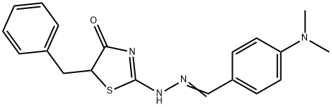 (2E)-5-benzyl-2-{(2E)-[4-(dimethylamino)benzylidene]hydrazinylidene}-1,3-thiazolidin-4-one 化学構造式