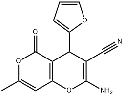 2-amino-4-(furan-2-yl)-7-methyl-5-oxo-4H,5H-pyrano[4,3-b]pyran-3-carbonitrile Struktur