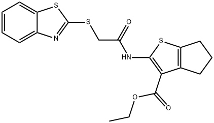 ethyl 2-{[(1,3-benzothiazol-2-ylsulfanyl)acetyl]amino}-5,6-dihydro-4H-cyclopenta[b]thiophene-3-carboxylate Struktur