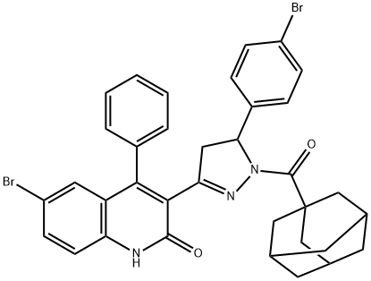 adamantan-1-yl(3-(6-bromo-2-hydroxy-4-phenylquinolin-3-yl)-5-(4-bromophenyl)-4,5-dihydro-1H-pyrazol-1-yl)methanone,300690-24-8,结构式