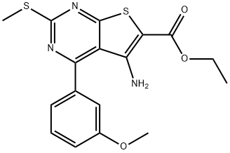 THIENO[2,3-D]PYRIMIDINE-6-CARBOXYLIC ACID,5-AMINO-4-(3-METHOXYPHENYL)-2-(METHYLTHIO)-,ETHYL ESTER(WXG01919) 化学構造式