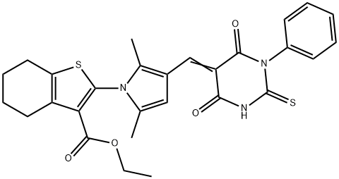 ethyl 2-{3-[(E)-(4,6-dioxo-1-phenyl-2-thioxotetrahydropyrimidin-5(2H)-ylidene)methyl]-2,5-dimethyl-1H-pyrrol-1-yl}-4,5,6,7-tetrahydro-1-benzothiophene-3-carboxylate Structure