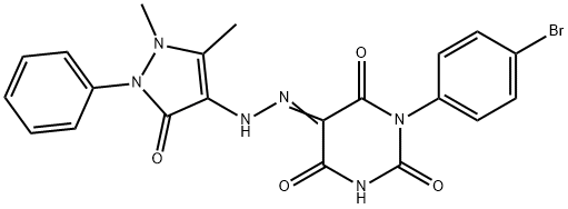 (5E)-1-(4-bromophenyl)-5-[2-(1,5-dimethyl-3-oxo-2-phenyl-2,3-dihydro-1H-pyrazol-4-yl)hydrazinylidene]pyrimidine-2,4,6(1H,3H,5H)-trione 结构式