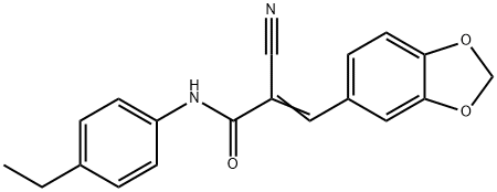 (2E)-3-(1,3-benzodioxol-5-yl)-2-cyano-N-(4-ethylphenyl)prop-2-enamide 化学構造式