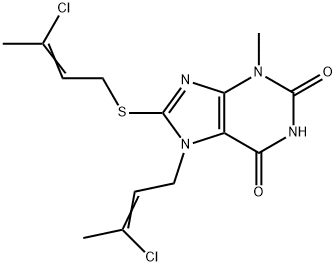 7-[(2Z)-3-chlorobut-2-en-1-yl]-8-{[(2E)-3-chlorobut-2-en-1-yl]sulfanyl}-3-methyl-3,7-dihydro-1H-purine-2,6-dione Struktur