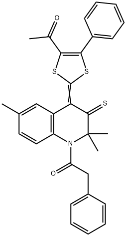 1-[(4Z)-4-(4-acetyl-5-phenyl-1,3-dithiol-2-ylidene)-2,2,6-trimethyl-3-thioxo-3,4-dihydroquinolin-1(2H)-yl]-2-phenylethanone 结构式