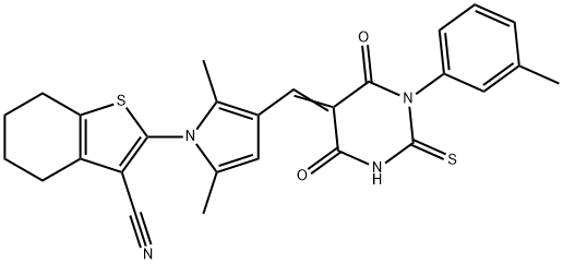 2-(2,5-dimethyl-3-{(E)-[1-(3-methylphenyl)-4,6-dioxo-2-thioxotetrahydropyrimidin-5(2H)-ylidene]methyl}-1H-pyrrol-1-yl)-4,5,6,7-tetrahydro-1-benzothiophene-3-carbonitrile 结构式