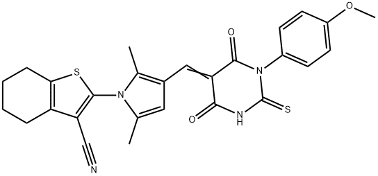 2-(3-{(E)-[1-(4-methoxyphenyl)-4,6-dioxo-2-thioxotetrahydropyrimidin-5(2H)-ylidene]methyl}-2,5-dimethyl-1H-pyrrol-1-yl)-4,5,6,7-tetrahydro-1-benzothiophene-3-carbonitrile 结构式
